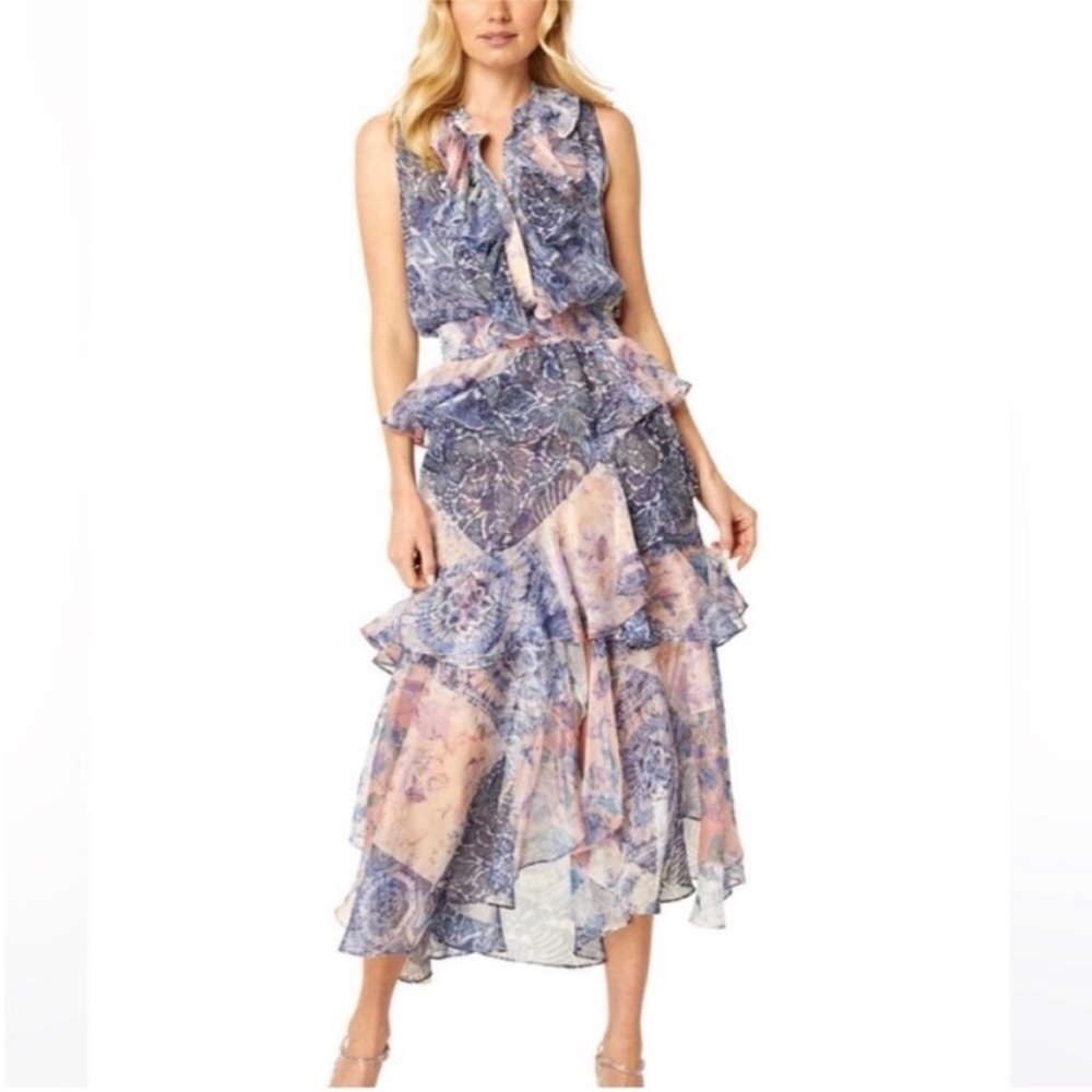 NWT MISA ILONA DRESS XS Namaskar Patchwork midi dress blue ruffle sleeveless